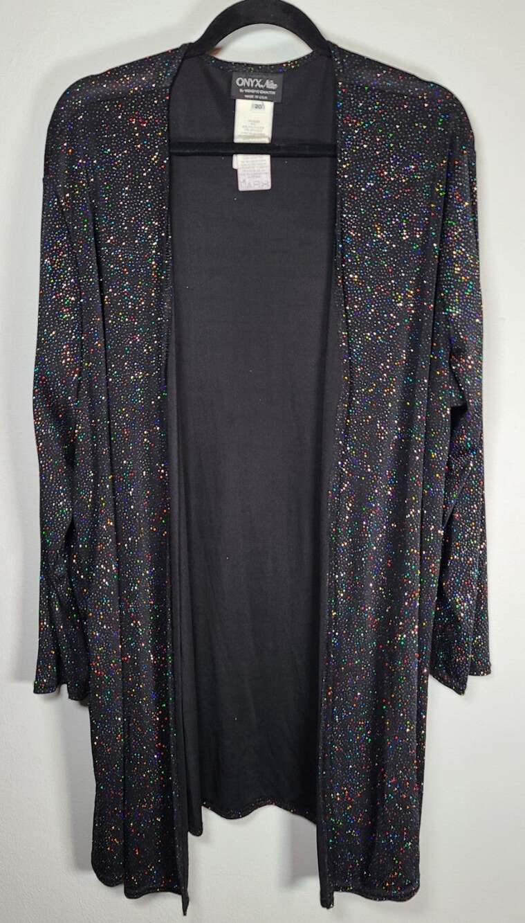 Vintage Onyx Nite Black Sparkle Open Front Cardigan Women 20 USA Slinky Evening